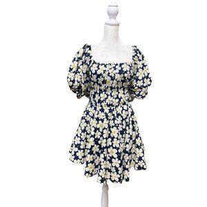 &merci Daisy Floral Puff Sleeve Mini Dress Navy Cottagecore Babydoll S